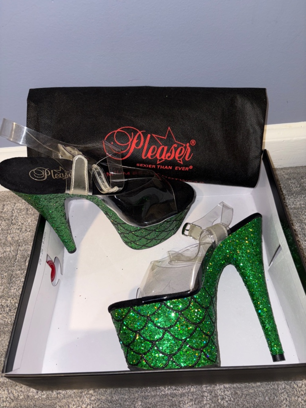 Pleaser Green Glitter Scale Platform Heels with Clear Straps
